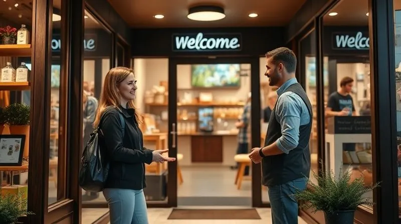 Photorealistic image of a welcoming, well-designed storefront of a local business (e.g., a boutique or a café), with a friendly staff member greeting a customer at the entrance. The scene is bright and inviting, showcasing excellent customer service and a pleasant atmosphere. Cinematic lighting, sharp focus on the interaction, depth of field blurring the background, 8K hyper-detailed, professional photography, shot on a high-end DSLR.