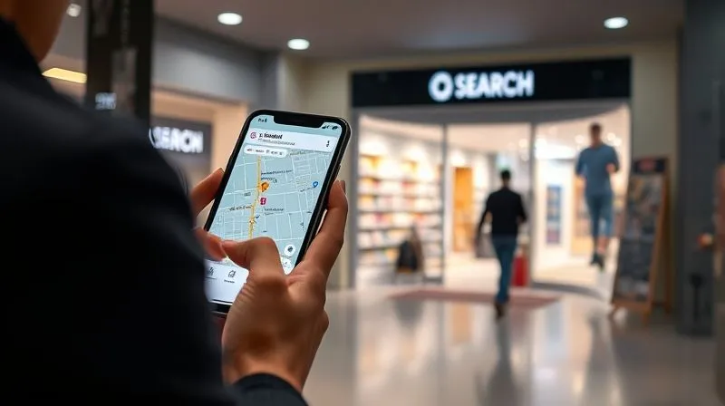 A photorealistic image depicting a customer's journey: a person looking at a smartphone with a map and search results, then gradually transitioning to walking into a modern, inviting retail store. Cinematic lighting, sharp focus on the person and the store entrance, depth of field blurring background elements, 8K hyper-detailed, professional photography, shot on a high-end DSLR, symbolizing the seamless flow from digital discovery to physical visit.