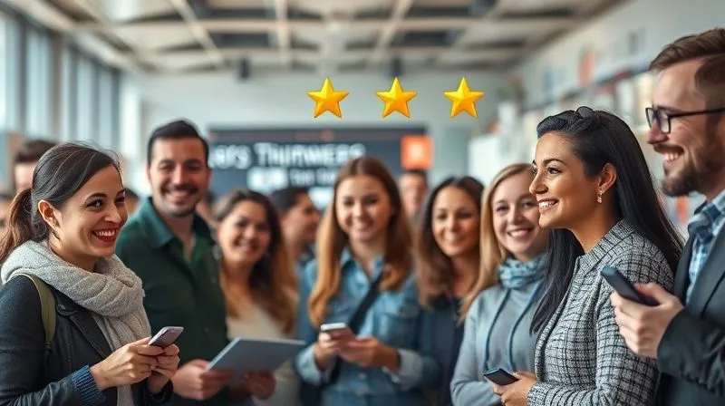 A photorealistic image of a diverse group of happy customers inside a modern, bustling retail store, some interacting with staff, others looking at products, all with a positive, engaged expression. Subtle digital overlays of glowing 5-star review icons appear above their heads. Cinematic lighting, sharp focus on the customers, depth of field blurring the background, 8K hyper-detailed, professional photography, shot on a high-end DSLR, conveying trust and positive social proof.