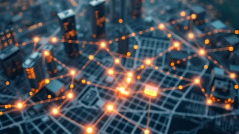 A photorealistic image of a futuristic city map with glowing lines connecting digital search points to physical store icons, representing advanced geofencing and localized digital strategies. Data points and virtual fences are visible, with cinematic lighting, sharp focus on the interconnectedness, depth of field blurring the background, 8K hyper-detailed, professional photography, shot on a high-end DSLR, symbolizing the sophisticated integration of online and offline marketing.