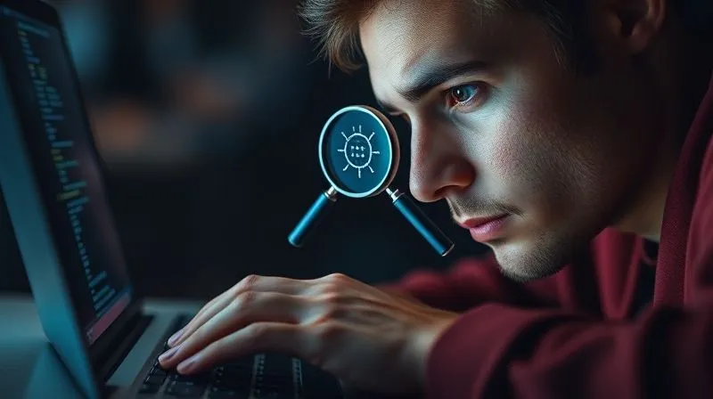 A photorealistic image of a person intently looking at a laptop screen, with a magnifying glass icon hovering over a network graph. The person's face shows deep concentration, surrounded by subtle digital glow. Professional photography, 8K, cinematic lighting, sharp focus on the laptop and person, depth of field, shot on a high-end DSLR.