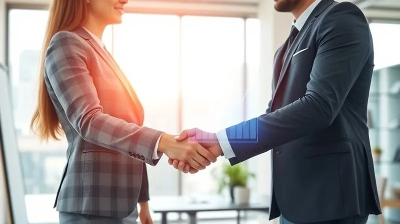 A photorealistic image of two business professionals shaking hands in a modern, sunlit office, with a holographic projection of a growing business chart floating between them. The mood is optimistic and professional. Professional photography, 8K, cinematic lighting, sharp focus on the handshake and projection, depth of field, shot on a high-end DSLR.