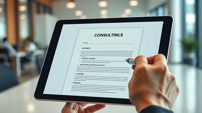 A photorealistic image of a digital tablet screen displaying a sleek, modern consulting proposal template, with dynamic data fields being filled in automatically. A hand is about to digitally sign the document. The background shows a blurred, professional office environment, cinematic lighting, 8K hyper-detailed.
