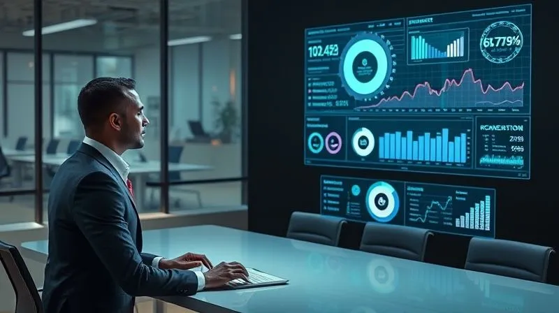 A photorealistic image of a business professional looking at a holographic projection of a complex data visualization, showing various metrics like conversion rates, sales cycle duration, and engagement levels. The projection is interactive and displays growth trends, set in a modern, minimalist office, cinematic lighting, 8K hyper-detailed.