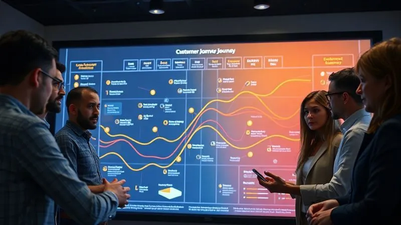A photorealistic image of a detailed customer journey map on a large digital screen, showing different stages of a sales funnel with highlighted bottlenecks in the middle. Data points and user interactions are visually represented with lines and icons. A diverse team of marketing professionals is gathered around, analyzing the map with focused expressions. Cinematic lighting, sharp focus on the map, depth of field. 8K hyper-detailed, shot on a high-end DSLR.