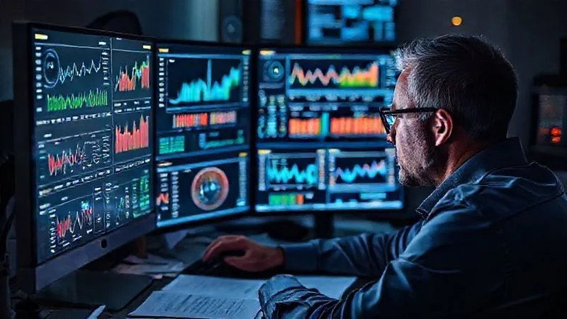 A photorealistic image of a data analyst meticulously examining complex dashboards and graphs on multiple computer screens, filled with sales funnel metrics, conversion rates, and lead engagement data. The atmosphere is focused and analytical, with notes and diagrams scattered around the desk. Cinematic lighting, sharp focus on the screens and the analyst's face, depth of field. 8K hyper-detailed, shot on a high-end DSLR.