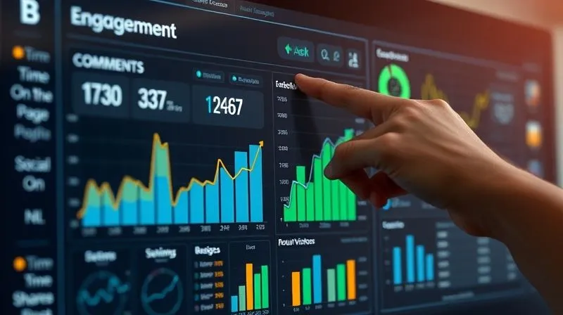 Photorealistic image of a sleek, modern data dashboard displaying various engagement metrics like 'Time on Page', 'Social Shares', 'Comments', and 'Return Visitors' with upward trending graphs. A person's hand is pointing at a specific metric, indicating analysis. Cinematic lighting, sharp focus on the dashboard, depth of field blurring the background, 8K hyper-detailed, professional photography, shot on a high-end DSLR.