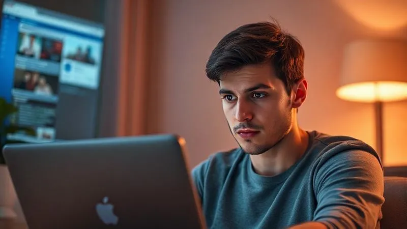 A photorealistic image of a person sitting in front of a laptop, looking slightly bored or distracted, with multiple browser tabs open, representing fragmented attention in the digital age. Cinematic lighting, sharp focus on the person's face, depth of field. 8K hyper-detailed, shot on a high-end DSLR.
