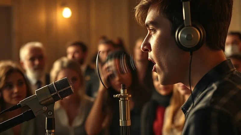 A photorealistic image of a person speaking into a vintage-style microphone, with sound waves subtly emanating from their mouth towards a group of attentive, diverse listeners. The scene is bathed in warm, inviting cinematic lighting, sharp focus on the speaker and listeners, depth of field. 8K hyper-detailed, shot on a high-end DSLR.