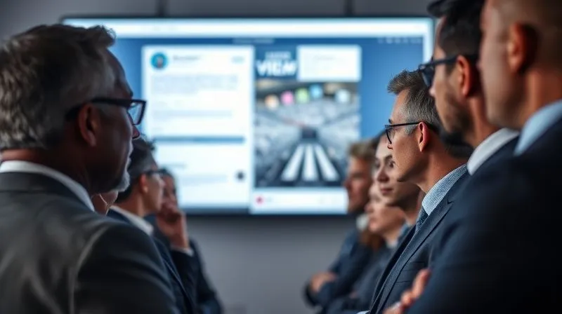 A photorealistic, professional photography shot of a diverse group of business professionals intently viewing a large screen displaying various content formats: a LinkedIn article, a carousel post, and a native video. Cinematic lighting highlights their faces, showing engagement and curiosity. Sharp focus on the screen and faces, depth of field blurring the background. Shot on a high-end DSLR, 8K hyper-detailed, conveying the power of diverse content strategy.