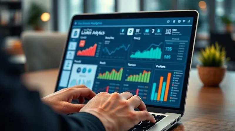 A photorealistic, professional photography shot of a business analyst's hands hovering over a laptop displaying a vibrant, detailed LinkedIn Analytics dashboard with various charts and graphs showing engagement, reach, and follower growth. Cinematic lighting highlights the screen and hands, sharp focus on the data, depth of field blurring the office background. Shot on a high-end DSLR, 8K hyper-detailed, conveying data-driven decision making and growth.