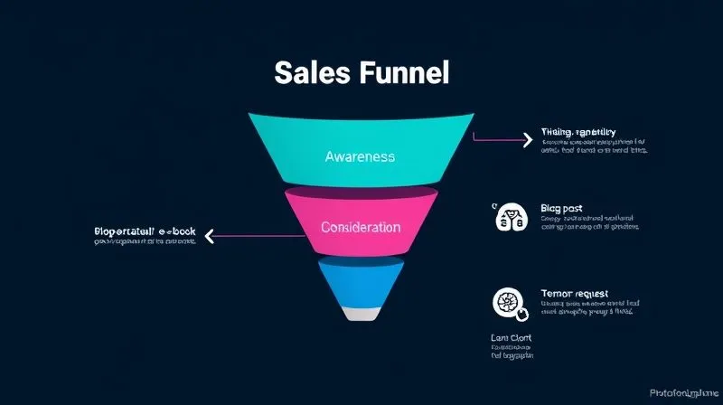 A photorealistic infographic showing a three-stage sales funnel, with 'Awareness' at the top, 'Consideration' in the middle, and 'Decision' at the bottom. Each stage has small, representative icons of blog content types (e.g., blog post, e-book, demo request). Cinematic lighting, sharp focus, 8K, professional photography.