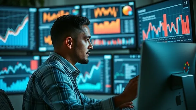 A photorealistic image of a data analyst looking at multiple screens displaying various charts and graphs (e.g., conversion funnels, heatmaps, A/B test results). The mood is focused and analytical, with cinematic lighting and sharp focus on the screens, depth of field blurring the background, 8K hyper-detailed, professional photography.