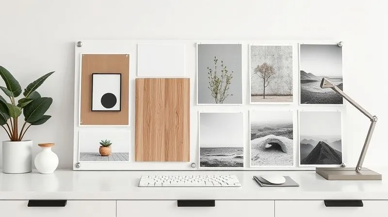 A photorealistic mood board on a clean white desk, showcasing various images: minimalist architecture, natural textures like wood and stone, a muted color palette of greens and grays, elegant sans-serif typography samples, and photos of serene landscapes. Cinematic lighting, sharp focus on the board, depth of field blurring the background. 8K hyper-detailed, professional photography.
