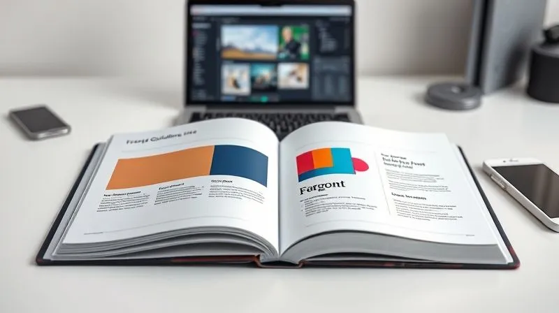 A photorealistic, professional photography of an open brand guidelines book on a modern white desk. The pages display a clear logo usage guide, color palette with HEX/RGB/CMYK codes, and typography examples. Cinematic lighting, sharp focus on the open book, depth of field blurring a laptop in the background showing design software. 8K hyper-detailed, shot on a high-end DSLR.