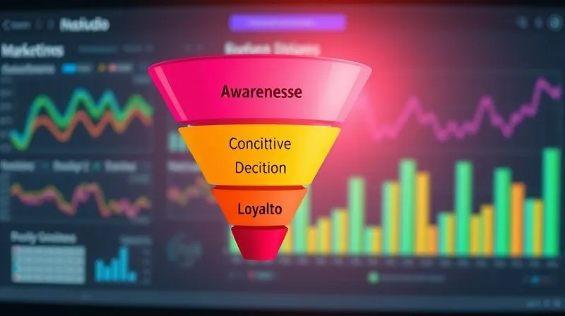 A photorealistic, professional photography image of a sleek, modern marketing funnel with distinct stages labeled 'Awareness', 'Consideration', 'Decision', and 'Loyalty' in Portuguese. The funnel should be illuminated with soft, cinematic lighting, showing a gentle flow of light or energy from the wide top to the narrow bottom. Sharp focus on the labels and the flow, with a subtle depth of field blurring the background of a digital marketing dashboard. 8K hyper-detailed, shot on a high-end DSLR.