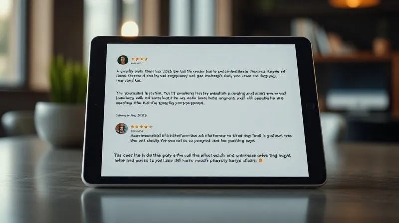 A photorealistic image of a sleek, modern tablet displaying multiple client testimonials for a photography service, overlaid with subtle, artistic photography elements. The testimonials should be clearly legible, with client names and star ratings. Soft, cinematic lighting highlights the screen, and a gentle depth of field blurs a stylish office or studio background. Professional photography, 8K, shot on a high-end DSLR.