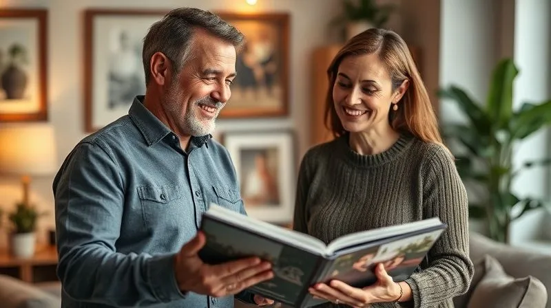 A photorealistic, professional photography image of a photographer warmly interacting with a happy client, perhaps showing them a printed album or a framed photo in a cozy, well-lit studio setting. Both individuals are smiling, conveying trust and satisfaction. Cinematic lighting, sharp focus on their faces and the album, with a gentle depth of field blurring the background. 8K hyper-detailed, shot on a high-end DSLR.