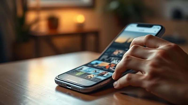 A photorealistic, professional photography, 8K, cinematic lighting, sharp focus, depth of field, shot on a high-end DSLR, of a person's hands smoothly scrolling through a beautifully designed photography portfolio website on a sleek, modern smartphone, with vibrant images loading instantly and clear navigation elements. The background is a blurred, cozy home office.