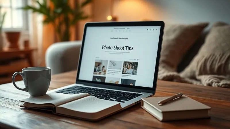 A photorealistic, professional photography, 8K, cinematic lighting, sharp focus, depth of field, shot on a high-end DSLR, of a beautifully designed blog post about 'photo shoot tips' displayed on a laptop screen, with a cup of coffee and a notebook beside it, in a warm, inviting home setting, emphasizing learning and engagement.