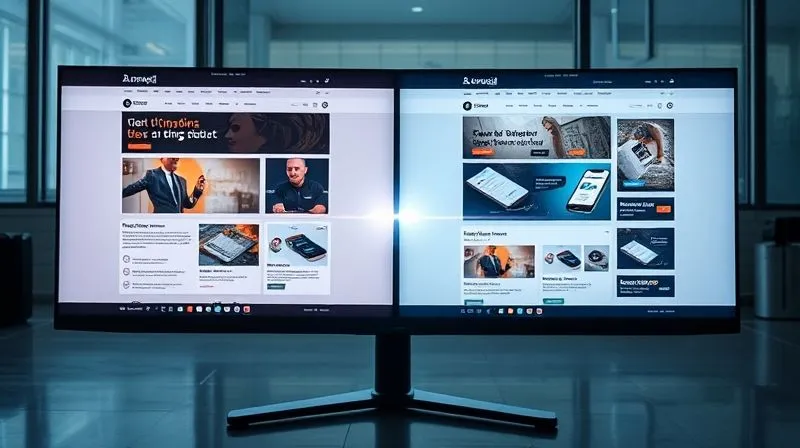 A photorealistic, professional photography, 8K, cinematic lighting, sharp focus, depth of field, shot on a high-end DSLR, of two distinct versions of a web page displayed side-by-side on a large monitor, with a glowing line indicating a split test, and overlaid data points showing performance metrics. The scene evokes a sense of analytical decision-making.