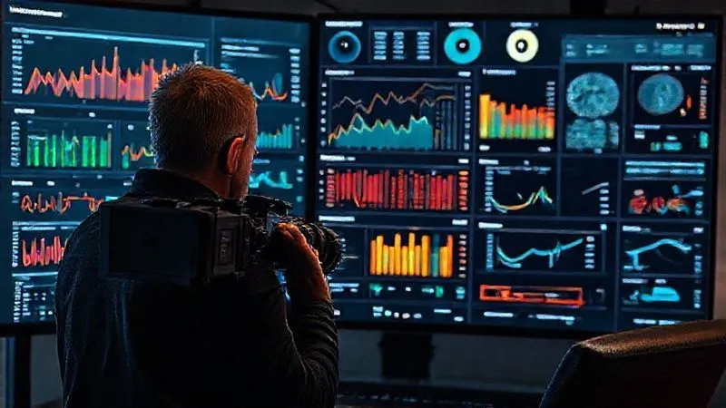 Photorealistic image of a professional photographer intensely analyzing a complex dashboard on a large monitor, filled with graphs, charts, and data from Google Analytics and Hotjar. The screen shows heatmaps and conversion funnels, indicating insights. Cinematic lighting, sharp focus, 8K hyper-detailed.