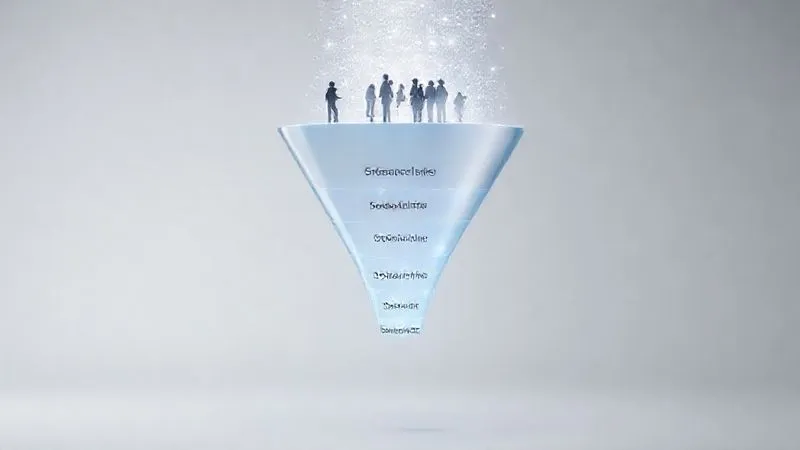 Photorealistic image of a clear, modern marketing funnel visual, flowing from a wide top (website visitors) down to a narrower bottom (signed photography contracts). The funnel is filled with flowing light, symbolizing conversion. Key stages like 'Awareness', 'Consideration', 'Decision', and 'Loyalty' are subtly represented. Cinematic lighting, sharp focus, 8K hyper-detailed.