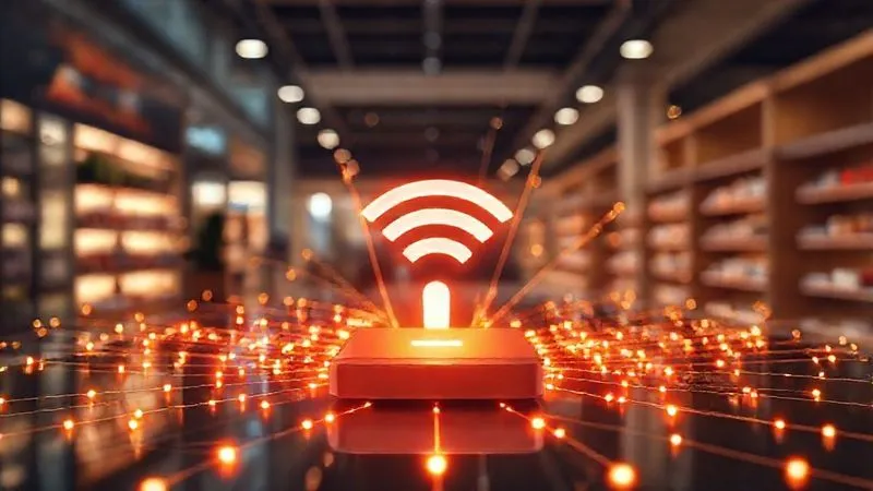 A photorealistic image of a network of glowing data points emanating from a central Wi-Fi router icon, spreading out to various customer devices like smartphones and laptops in a modern, clean retail environment. The data streams are visualized as subtle, intricate lines, highlighting the flow of information. Cinematic lighting, sharp focus on the data visualization, depth of field blurring the background. 8K hyper-detailed, professional photography, shot on a high-end DSLR.