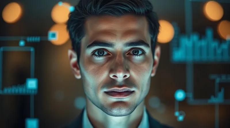 Photorealistic image of a professional looking thoughtfully at a holographic projection of data points and user personas, with subtle emotional cues on their face, cinematic lighting, sharp focus, depth of field, 8K hyper-detailed.