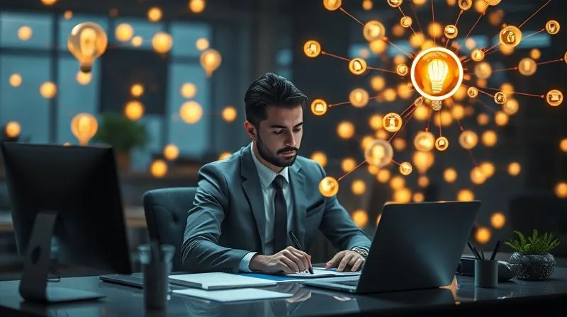 Photorealistic image of a professional at a desk, surrounded by a subtle, glowing network of interconnected ideas and persuasive elements, representing mental triggers and ethical influence in digital marketing, cinematic lighting, sharp focus, depth of field, 8K hyper-detailed.