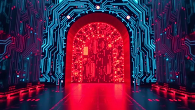 A photorealistic, professional photography, 8K, cinematic lighting, sharp focus, depth of field, shot on a high-end DSLR of a digital gateway or portal with intricate, glowing circuit patterns, partially corrupted or flickering red, symbolizing a malfunctioning .htaccess file blocking access. The atmosphere is tense and technically challenging.