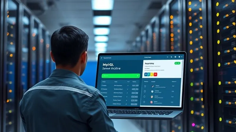 A photorealistic wide shot of a modern, clean server room with rows of blinking lights on racks. In the foreground, a person (seen from behind, professional attire) is looking at a laptop screen displaying a hosting control panel dashboard with a green 'MySQL Server Active' status, indicating a healthy server. Cinematic lighting, sharp focus on the person and screen, depth of field blurring the server racks. 8K hyper-detailed, professional photography, shot on a high-end DSLR, conveying technical monitoring and reliability.