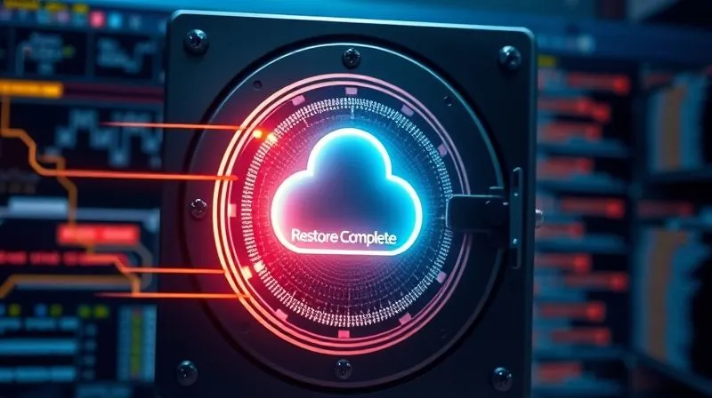 A photorealistic image of a digital vault or a secure cloud storage icon, with glowing data streams flowing into it, representing a successful backup process. In the background, a user interface shows a 'Restore Complete' message. Cinematic lighting, sharp focus on the vault/icon, depth of field blurring the background. 8K hyper-detailed, professional photography, shot on a high-end DSLR, conveying security and peace of mind.