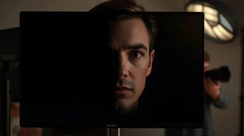 A photorealistic image of a client's face partially obscured by harsh, dark shadows on one side, with the other side appearing overexposed, symbolizing bad lighting. The image is displayed on a high-resolution monitor in a professional studio, showing a photographer looking concerned, 8K, cinematic lighting, sharp focus on the monitor, depth of field, professional photography, shot on a high-end DSLR.