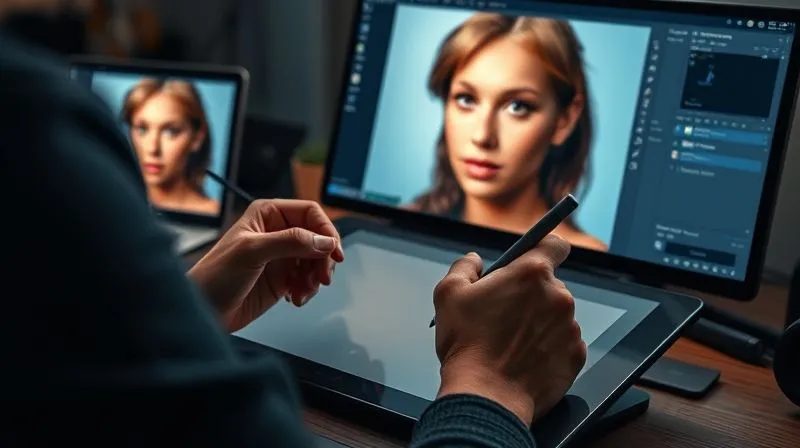A photorealistic close-up of a digital artist's hands using a Wacom tablet and stylus to meticulously adjust the highlights and shadows on a client's portrait in Adobe Photoshop. The screen shows a dramatic before-and-after effect of fixing harsh lighting, with cinematic volumetric lighting illuminating the workspace, 8K, sharp focus on the tablet and screen, depth of field, professional photography, shot on a high-end DSLR.