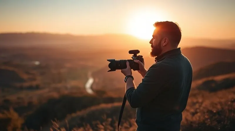 A photorealistic wide shot of a photographer standing on a scenic overlook during golden hour, holding a high-end camera, looking thoughtfully at the landscape. The scene is bathed in warm, soft, cinematic light, with a lens flare adding artistic touch. The photographer embodies expertise and passion, 8K, sharp focus on the photographer, depth of field, professional photography, shot on a high-end DSLR.