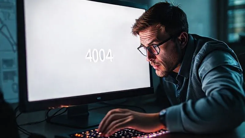 A photorealistic image of a computer screen showing a stark white page, with a '404 Error' or 'Site Not Found' message subtly overlaid. A frustrated but determined user is leaning into the screen, surrounded by blurred technical diagrams and a glowing keyboard, suggesting a complex problem. Cinematic lighting, sharp focus on the screen and user's face, depth of field. 8K hyper-detailed, professional photography, shot on a high-end DSLR.