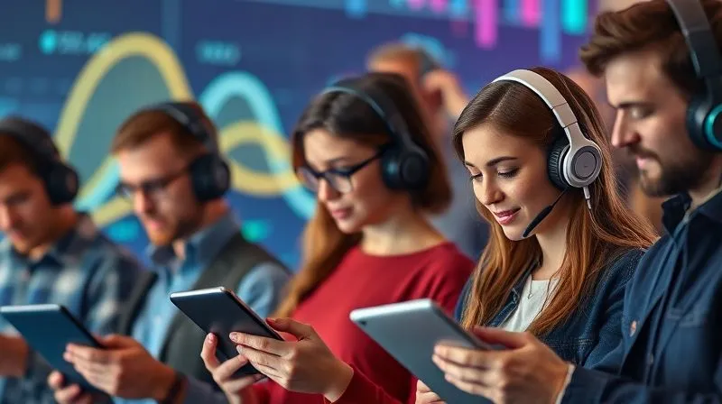 A photorealistic, professional photography image of a diverse group of people, each wearing headphones and engaged with different digital devices (smartphone, tablet, laptop), subtly reflecting various demographics and psychographics. The background is a vibrant, abstract representation of digital waves and data, cinematic lighting, sharp focus on the individuals, depth of field, 8K hyper-detailed, shot on a high-end DSLR.