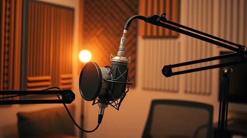 A photorealistic, professional photography image of a radio studio set up in a cozy, modern style, with a high-quality microphone at the center, surrounded by soundproofing panels and subtle digital equipment. A person is passionately speaking into the microphone, with cinematic lighting highlighting their face and creating a warm, engaging atmosphere. Sharp focus, depth of field, 8K hyper-detailed, shot on a high-end DSLR.