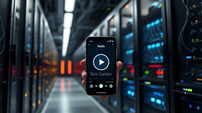 A photorealistic, professional photography image of a sleek, modern server room with glowing lights and intricate cabling, symbolizing robust digital infrastructure. In the foreground, a smartphone screen displays a radio app interface with a play button and audience metrics. Cinematic lighting, sharp focus on the phone and server racks, depth of field, 8K hyper-detailed, shot on a high-end DSLR.