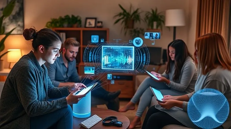 A photorealistic, professional photography image of a diverse group of people interacting with holographic interfaces and smart speakers in a futuristic, cozy living room setting. Digital sound waves emanate from the devices, symbolizing advanced audio technology and interactive experiences. Cinematic lighting, sharp focus on the holographic elements, depth of field, 8K hyper-detailed, shot on a high-end DSLR.