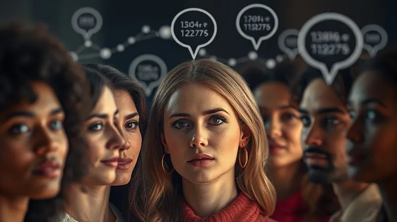 A photorealistic, professional photography, 8K image of a diverse group of people's faces overlaid with data points and thought bubbles, representing a detailed customer persona analysis. Cinematic lighting, sharp focus on the data, depth of field blurring the background, shot on a high-end DSLR.