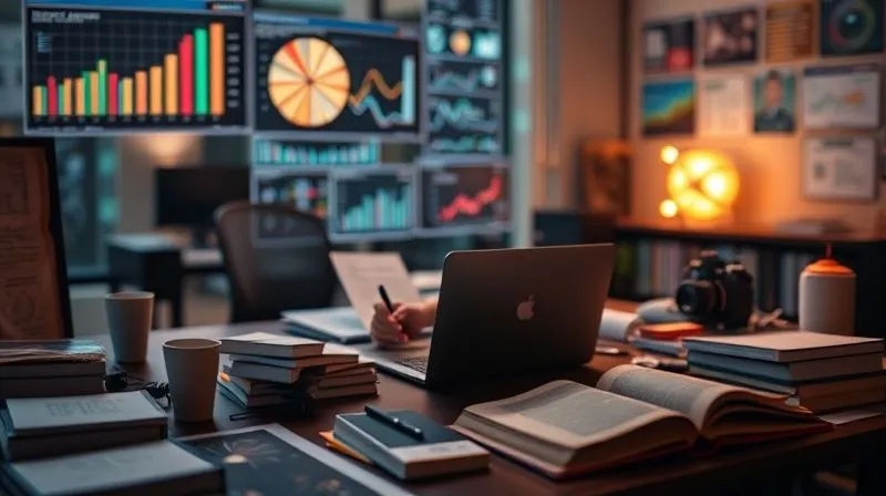 A photorealistic, professional photography, 8K image of a person sitting at a desk, surrounded by glowing data visualizations, charts, and open books, passionately writing on a laptop. The scene conveys creativity and deep research, with cinematic lighting, sharp focus on the writer and data, depth of field blurring a modern office background, shot on a high-end DSLR.
