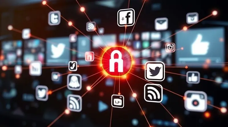 A photorealistic, professional photography, 8K image of a complex digital network, with glowing lines connecting various social media icons, blog posts, and website logos, symbolizing effective content distribution and backlink building. Cinematic lighting, sharp focus on the network, depth of field blurring a background of digital screens, shot on a high-end DSLR.