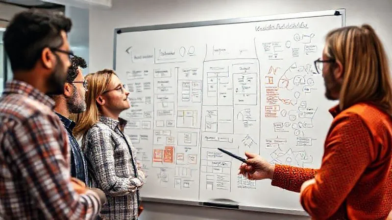 A photorealistic image of a diverse group of tech professionals (CTO, product manager, software engineer) collaborating around a whiteboard filled with user journey maps and technical diagrams. Cinematic lighting, sharp focus on the whiteboard, depth of field blurring the background office, 8K hyper-detailed, shot on a high-end DSLR.