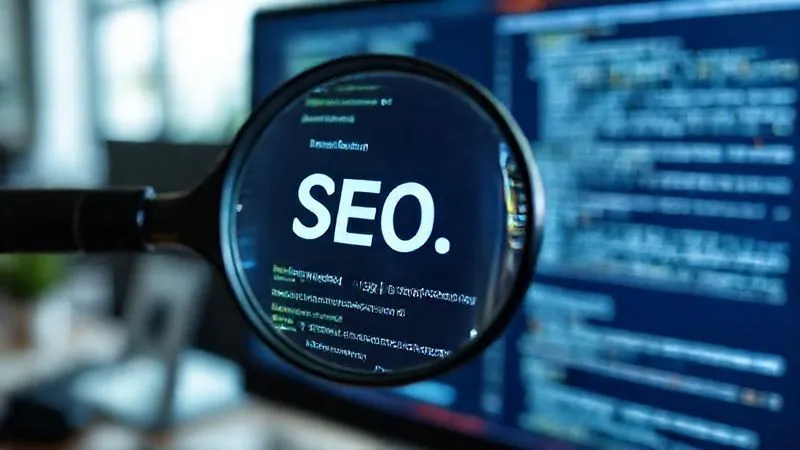 A photorealistic image of a magnifying glass hovering over a computer screen displaying technical documentation with highlighted keywords and SEO metrics. Cinematic lighting, sharp focus on the screen text, depth of field blurring the background office, 8K hyper-detailed, shot on a high-end DSLR.