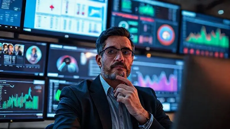 A photorealistic image of a digital marketing strategist looking at multiple screens displaying social media feeds, email marketing dashboards, and analytics, with data streams connecting different platforms. Cinematic lighting, sharp focus on the strategist's thoughtful expression, depth of field blurring the background screens, 8K hyper-detailed, shot on a high-end DSLR.