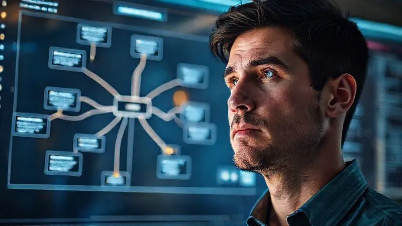 A photorealistic image of a person looking thoughtfully at a digital interface displaying a journey map, with paths branching out, representing the psychological journey of a SaaS subscriber. Cinematic lighting, sharp focus on the person's expression, depth of field blurring the interface details. 8K hyper-detailed, professional photography.