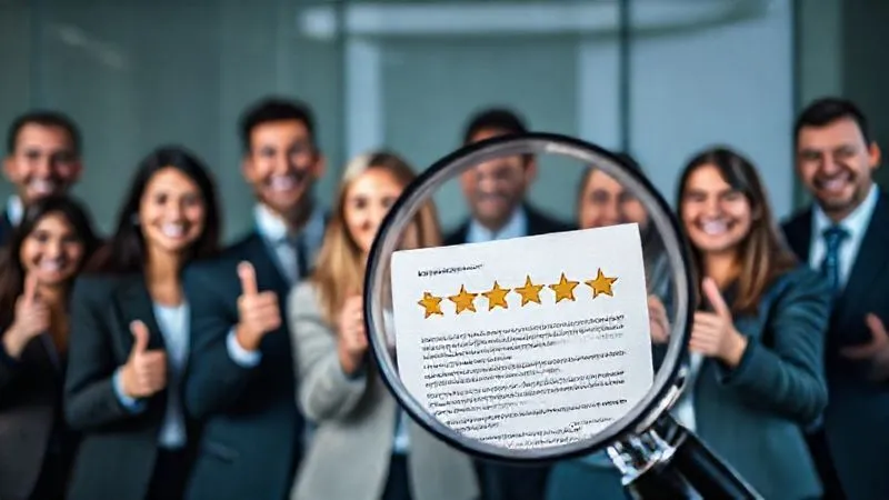 A photorealistic image of a diverse group of business professionals smiling and giving thumbs up, with subtle digital overlays of positive reviews and star ratings. In the foreground, a magnifying glass highlights a detailed case study document. Cinematic lighting, sharp focus on the faces and document, depth of field. 8K hyper-detailed, professional photography.