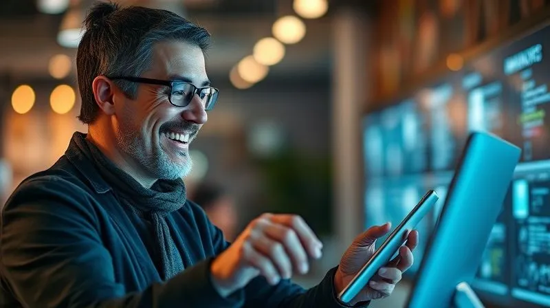A photorealistic image of a smiling customer successfully using a digital product, conveying satisfaction and ease of use, cinematic lighting, sharp focus on the user, depth of field blurring the background, 8K hyper-detailed, professional photography, shot on a high-end DSLR.